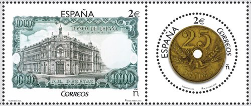 2016-11-08. Numismatica. Billete de 1.000 pesetas y Moneda de 25 centimos. Boceto. Baja.jpg