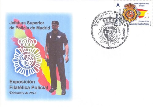 Madrid. 2016-12. Exposición Filatélica Policial. Escudo. Sobre ilustrado. Matasellado. Baja.jpg