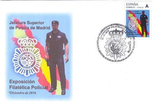 Madrid. 2016-12. Exposición Filatélica Policial. Policía. Sobre ilustrado. Matasellado. Baja.jpg