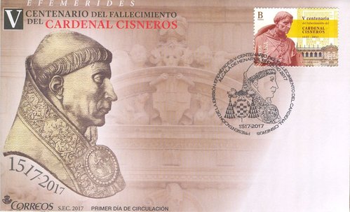 2017-01-19. Efemérides. V Centenario fallecimiento Cardenal Cisneros. Presentación. 1. 2017-01-19. Alcalá de Henares. Sobre matasellado. Baja.jpg