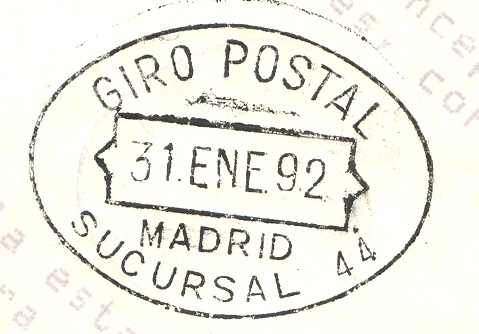 Fechador. Giro Postal. Madrid. Sucursal 44. 1992-01-31.jpg