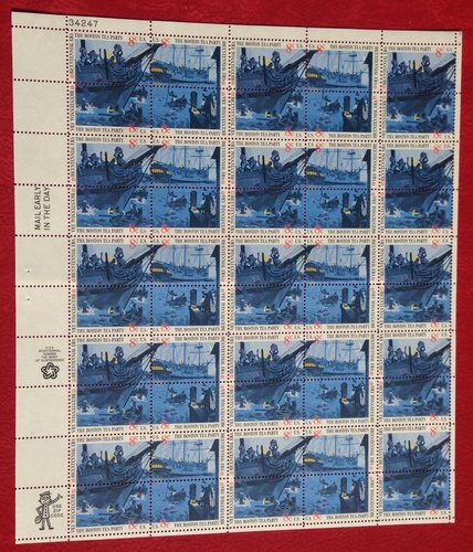Sello Estados Unidos.1973. Bicentenial Era The Boston Tea Party. Pliego de 50 izquierda. Baja.JPG