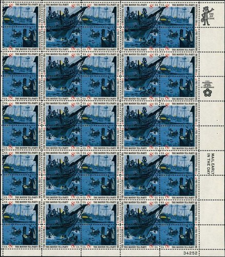 Sello Estados Unidos.1973. Bicentenial Era The Boston Tea Party. Pliego de 50 derecha. Baja.JPG