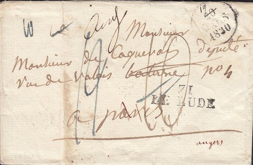 1830-03-19-20 LE LUDE A PARIS reenviada a ANGERS porteo rectificado 12 x 10 decimas .jpg