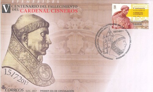 2017-01-19. Efemérides. V Centenario fallecimiento Cardenal Cisneros. Presentación. 2. 2017-01-27. Torrelaguna. Sobre matasellado. Baja.jpg