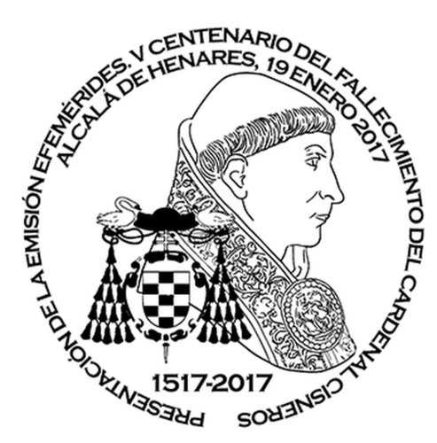 2017-01-19. Efemérides. V Centenario fallecimiento Cardenal Cisneros. Presentación. 1. 2017-01-19. Alcalá de Henares. Matasellos. Boceto. Baja.jpg