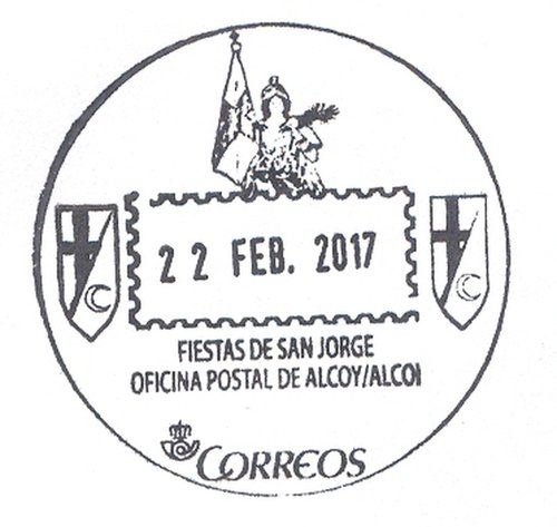 Matasellos turístico. Oficina postal de Alcoy-Alcoi. Fiestas de San Jorge. 2017-02-22. Baja.jpg