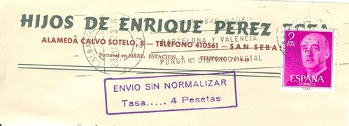Correos. Tampón. Envío sin Normalizar. Tasa 4 Pesetas. 1973-05-28. San Sebastián. 1,6x5,9. Con rodillo. Baja.jpg