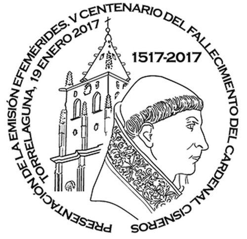 2017-01-19. Efemérides. V Centenario fallecimiento Cardenal Cisneros. Presentación. 2. 2017-01-27. Torrelaguna. Matasellos. Boceto. Baja.jpg