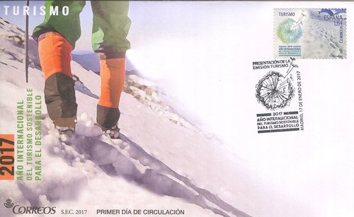 2017-01-17. Año Internacional de Turismo Sostenible para el Desarrollo. Presentación. 2017-01-17. 2. Sello de 1,35 euros. Sobre matasellado. Baja.jpg