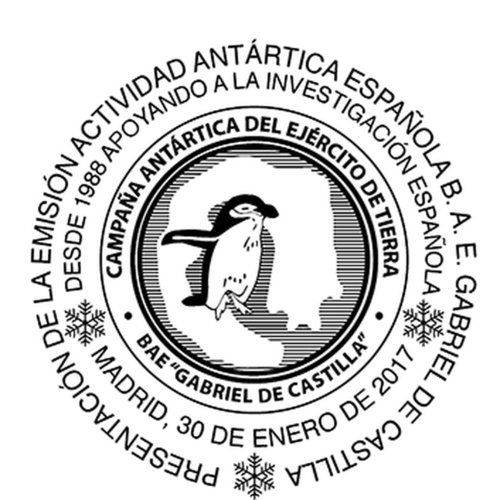 2017-01-30. Actividad Antártica Española. B. A. E. Gabriel de Castilla. Presentación. 2017-01-30. Matasellos. Boceto. Baja.jpg