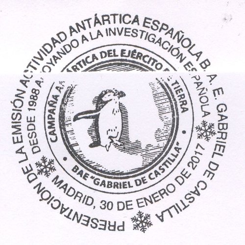 2017-01-30. Actividad Antártica Española. B. A. E. Gabriel de Castilla. Presentación. 2017-01-30. Matasellos. Real. Baja.jpg