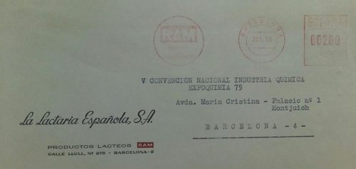 Franqueo mecánico rojo. 09952. La Lactaria Española. Barcelona. 1975-01-30.jpg