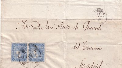 Salamanca, 10 Enero 1865, carta con doble porte RC 40 Tipo I, al dorso fechador de llegada, día ilegible, ENERO 65