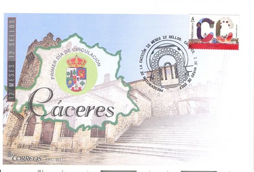 2017-03-01. 12 meses, 12 sellos. Cáceres. Presentación. 2017-03-01. Sobre matasellado. Anverso. Baja.jpg
