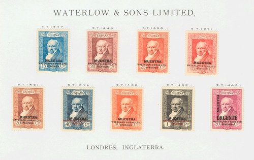 499-12MT. 1930. Serie completa, excepto los valores del 1 pts, 4 pts y 10 pts. 15 val. MUESTRA y WATERLOW AND SONS LTD SPECIMEN, sin taladro y adheridos sobre dos hojas muestra numeradas. MAGNIFICA Y RARISIMA.jpg
