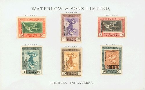 517-30Mb. 1930. Serie completa, catorce valores, incluyendo el 40 cts azul (que el catálogo indica que no existe). MUESTRA y WATERLOW AND SONS LTD. SPECIMEN, sin taladro y adheridos sobre dos hojas muestra numeradas..jpg