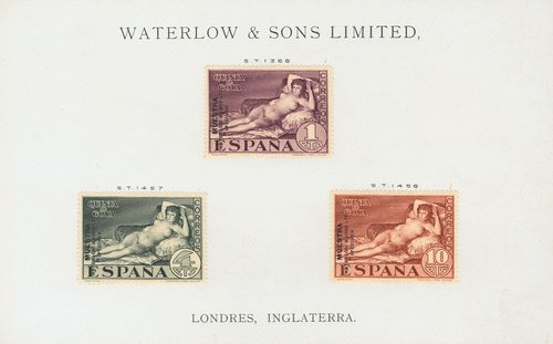 a 514-16M. 1930. 1 pts violeta, 4 pts pizarra y 10 pts castaño. Sobrecarga MUESTRA WATERLOW AND SONS LTD SPECIMEN, adheridos sobre hoja de presentación de Waterlow and Sons.jpg