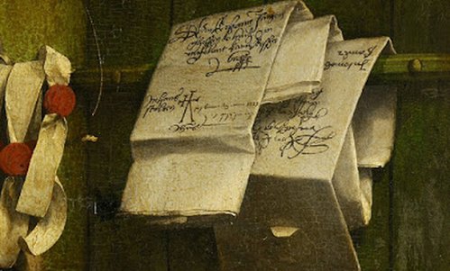 Afinet. Ambrosías. Óleo de Holbein, Retrato del mercader Gisze. Detalle cartas colgadas. Baja.jpg