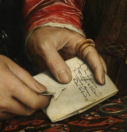 Afinet. Ambrosías. Óleo de Holbein, Retrato del mercader Gisze. Detalle carta en las manos. Baja.jpg