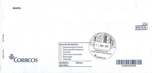 Matasellos turístico. Oficina postal de Cuacos de Yuste. Monasterio de Yuste. 2017-03-02. Presentación en sobre de Correos. Reverso.jpg