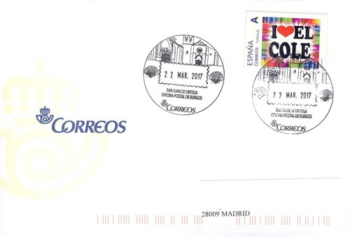 Matasellos turístico. Oficina postal de Burgos. San Juan de Ortega. 2017-03-22. Sobre matasellado. Anverso. Baja.jpg