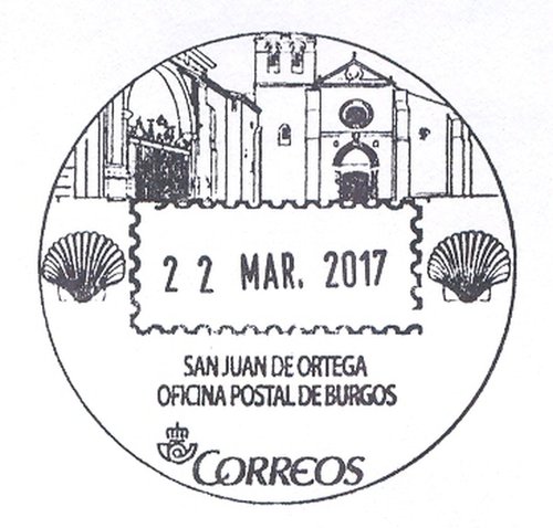 Matasellos turístico. Oficina postal de Burgos. San Juan de Ortega. 2017-03-22. Matasellos. Baja.jpg