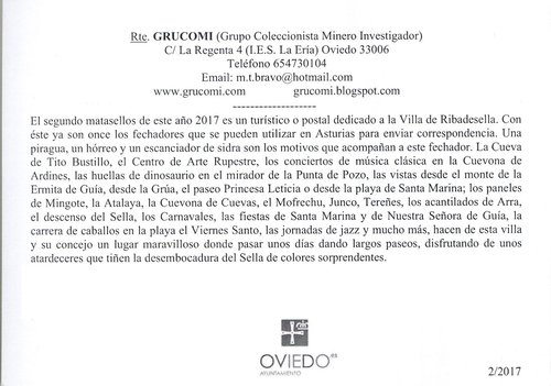 Matasellos turístico. Oficina postal de Ribadesella. 2017-03-22. Tarjeta Grucomi. 2017-02. Reverso. Baja.jpg