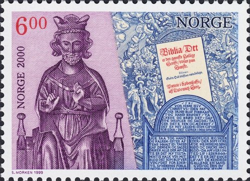 1999_Noruega_Milenario_6.00_Rey Olaf II Haraldsson y Biblia cristiana del siglo XVI.jpg