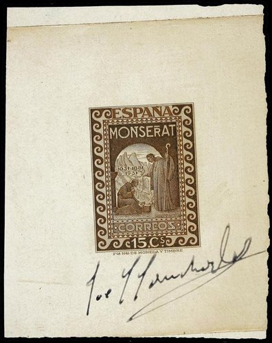 ESPAÑA. Ed.640. PRUEBA DE PUNZÓN. 15 cts. castaño, firmada por el grabador J. L. Sánchez Toda.jpg