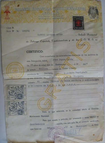 Sello local José Antonio. 6 pesetas dibujo. Certificado buen conducta Falange. Clase A. Serie D impresa. Número 39101. 1948-12-17. Sin sello. Imagen 1. Baja.jpg