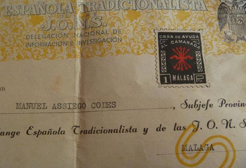 Sello local José Antonio. 6 pesetas dibujo. Certificado buen conducta Falange. Clase A. Serie D impresa. Número 39101.1948-12-17. Sin sello. Imagen 2. Baja.jpg