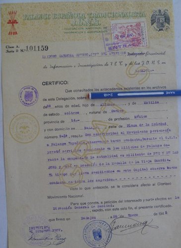 Sello local José Antonio. 6 pesetas dibujo. Certificado buen conducta Falange. Clase A. Serie D impresa. Número 101159. 1945-01-26. Sin sello. Baja.jpg