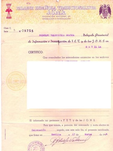 Sello local José Antonio. 6 pesetas dibujo. Certificado buen conducta Falange. Clase C. Serie L escrita. Número 78755. 1944-03-17. Sin sello. Baja.jpg