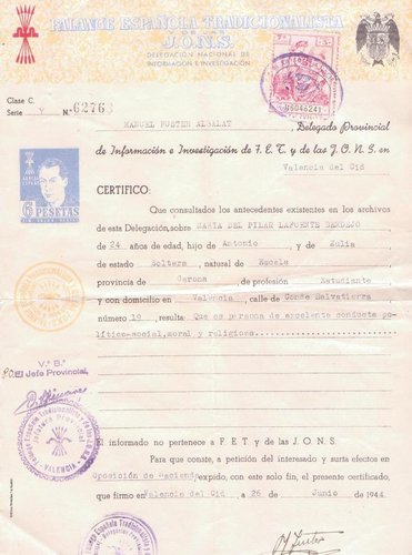Sello local José Antonio. 6 pesetas dibujo. Certificado buen conducta Falange. Clase C. Serie Y escrita  Número 62763. 1944-06-26. Con sello azul. Baja.jpg