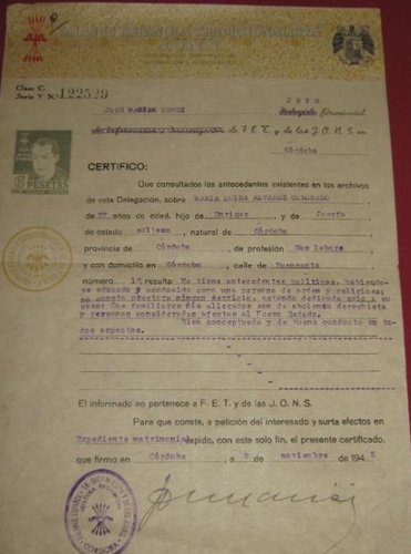 Sello local José Antonio. 6 pesetas dibujo. Certificado buen conducta Falange. Clase C. Serie Y impresa. Número 122529. 1945-11-06. Con sello verde. Baja.jpg