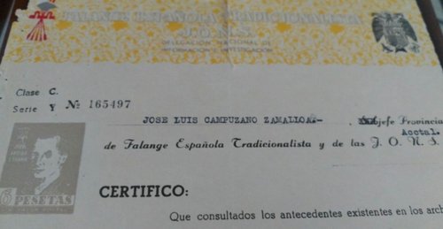 Sello local José Antonio. 6 pesetas dibujo. Certificado buen conducta Falange. Clase C. Serie Y impresa. Número 165497. 19..-07-28. Con sello. Imagen 2. Baja.jpg