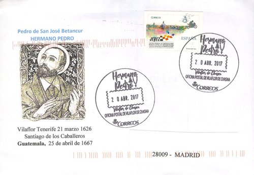 Matasellos turístico. Oficina postal de Vilaflor de Chasna. Hermano Pedro. Vilaflor de Chasna. 2017-04-20. Sobre. Baja.jpg