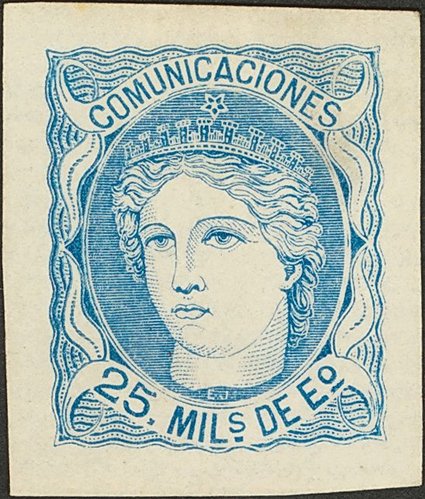 106P. 1870. 25 mils azul. PRUEBA DE PUNZON. MAGNIFICA Y MUY RARA. (Gálvez 527).jpg