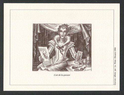 Grabado de Decaris en una tarjeta filatélica de la emisión de 1984