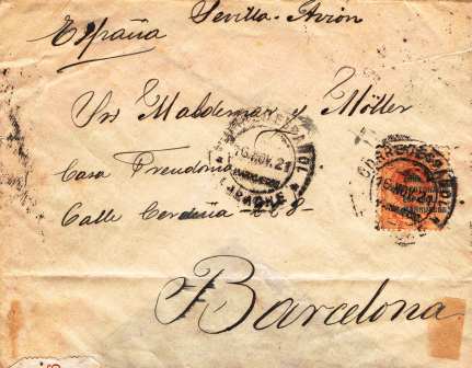 Fig. 3.1 1921.11.16 Larache-Barcelona. Sevill-Avión. MatºOrdº CºEspañol Larache. Franqueo AXIII-ZPEM 15cts. En reverso AXIII-CºAº 10 cts(5). Total 65cts. Anv.jpg