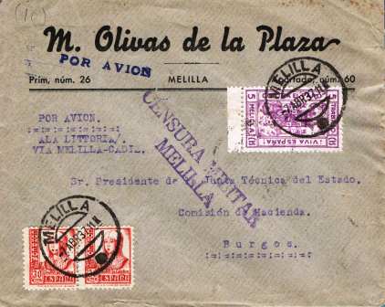 Fig. 6 1937.04.07 Melilla-Burgos. Correo Aéreo. Por Avión Ala Littoria. Vía Melilla-Cádiz. Franqueo 30,30,5 cts local. Censura Militar Melilla.jpg