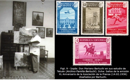 Fig. 9.0 General. Don Mariano Bertuchi en su estudio. Sellos Asociac. Prensa 1936 diseño Bertuchi.jpg