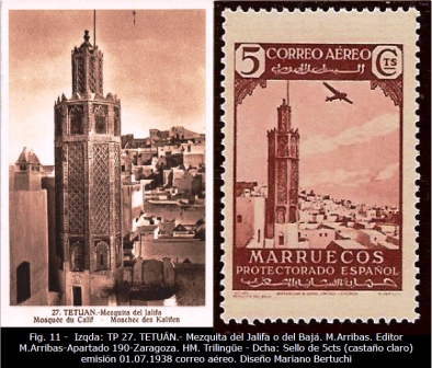 Fig. 11.0 General. Mezquita del Bajá o del Jalifa. TP y sello 5 cts Emº38CA.jpg