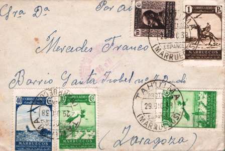 Fig. 19.1 1938.12.29 Tahuima-Zaragoza. Correo Aéreo. Por avión. Franqueo Emº38CA, 1,00-0,40-0,10(2)- Total 1,60.  10 cts ProMutil. Censura Militar nº 30. La Legión Acuartelamiento Tahuima. Anv.jpg