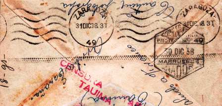 Fig. 19.2 1938.12.29 Tahuima-Zaragoza. Correo Aéreo. Por avión. 18gs. Tránsito Nador hexagonal 30.12.38. Llegada Zaragoza rodillo 31.12.38. Censura Militar Tauima. Parcial. Rev.jpg
