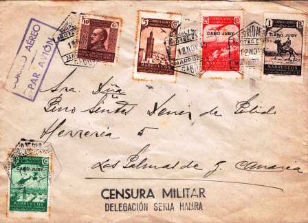 Fig. 20 1940.11.12 Cabo Juby-Las Palmas G.C. Correo Aéreo. Por Avión. Hexag Cabo Juby. Franqº Emº38CA CJuby. 5,10,25, 1pta. Total 1,40. 10cts ProMutil. Censura Militar Delegación Sekia Amra. Anv.jpg