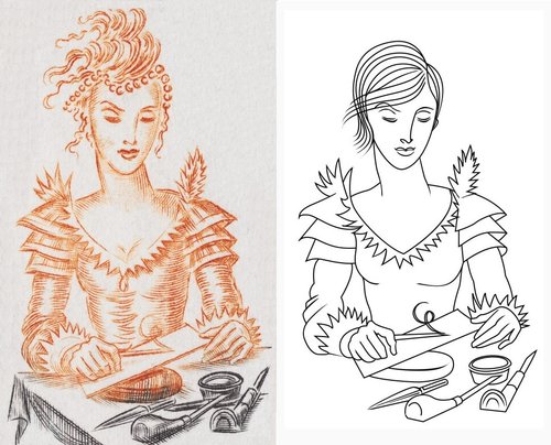 Viñeta del sello de Decaris (Francia, 1984) y autorretrato de Elsa Catelin
