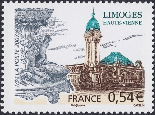 Sello dedicado a Limoges (2007). Porcelana de Poyat y Estación de Tren Bénédictins
