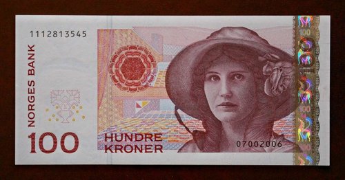 Anverso del billete noruego de 1995, retrato de Kirsten Flagstad (1895–1962), obra de Sverre Morken